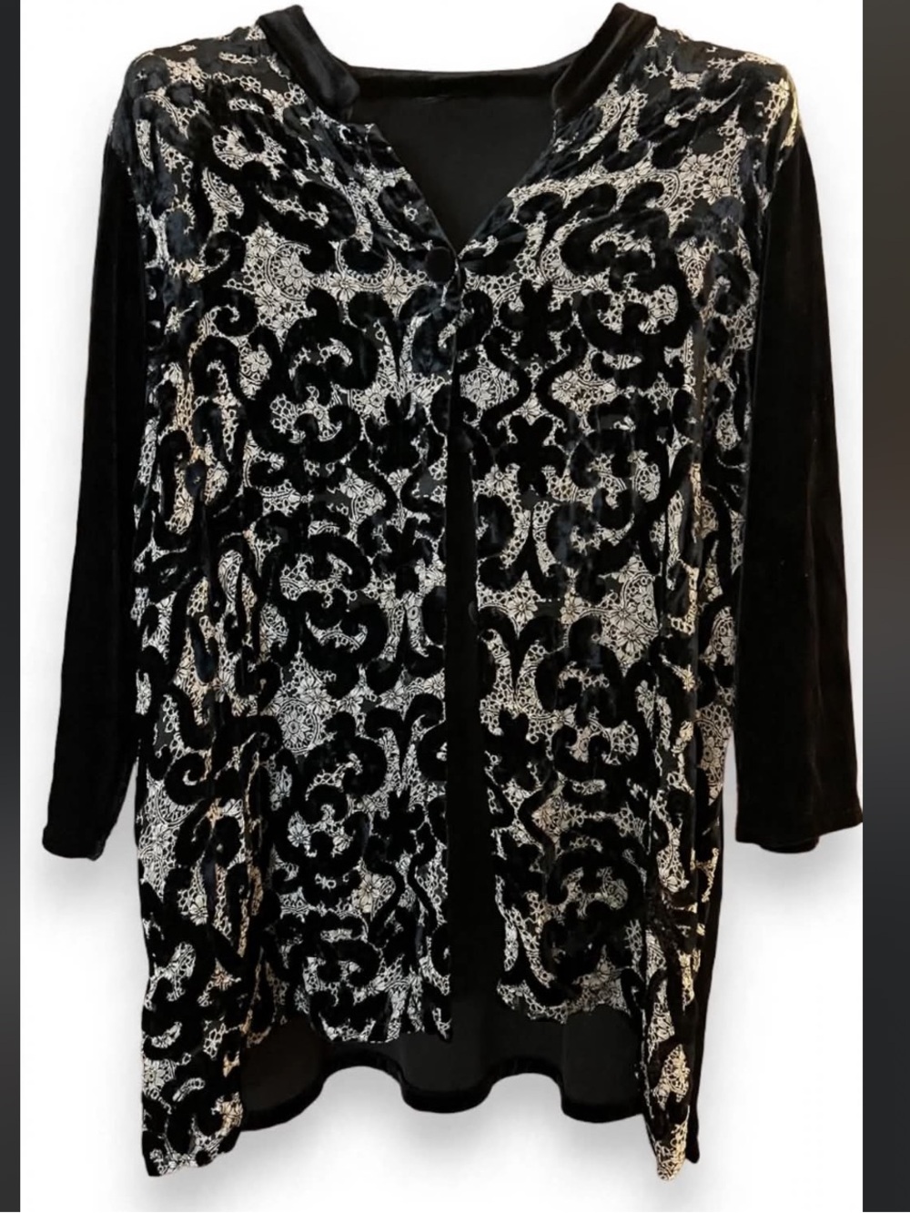 Chico's Travelers Collection Size 3 Black Velvet Burnout Lace shirt XL